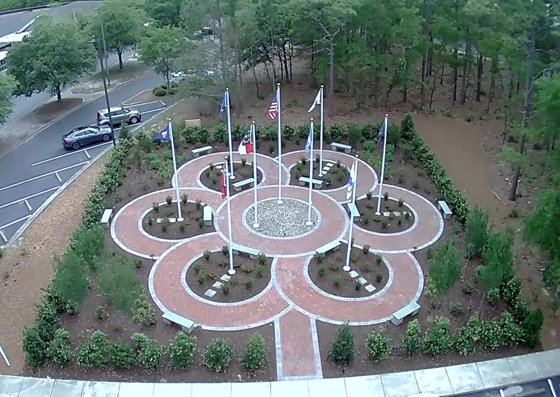 drone shot with flags